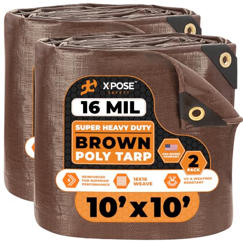Xpose Safety Super Heavy-Duty 10' x 10' Brown Poly Tarp (2-Pack) - 16 Mil Waterproof & UV Resistant, Rip-Proof with Reinforced Edges & Grommets - color: Brown, size: 10' X 10' (2-Pack)