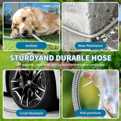 25FT Water Hose,Non Kinking Stainless Steel Hose, Kink Free Flexible 50 Foot Metal Hose for Outside Yard Backyard Lawn, Burst Proof with 10-Pattern Nozzle - size: 25FT