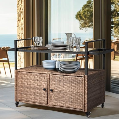 VINGLI Outdoor Storage Cabinet with Wheels, Waterproof Woven Rattan with Double Magnetic Doors, Mobile Multi-Purpose Cabinet for Storage, Buffet Server, Bar Table, Potting Bench (Glass Top) - size: Glass Top