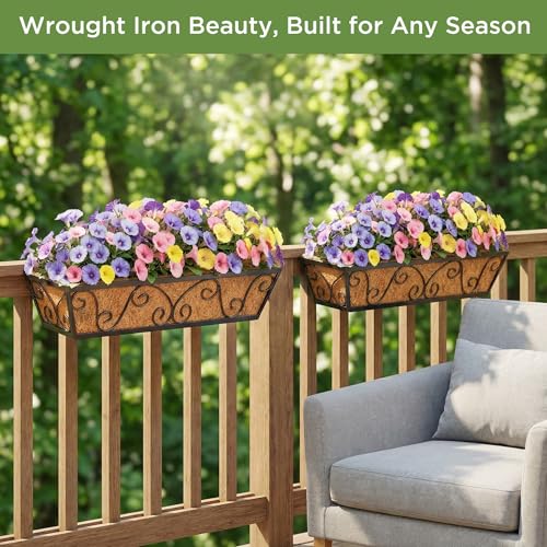 HFHOME 24 Inch Railing Planter Box with Coco Liners for Porch, Fence, Patio, Balcony Hanging Flower Railing Baskets with Adjustable Brackets for Outdoor Garden - 2 Packs - size: 24"-2P Butterfly