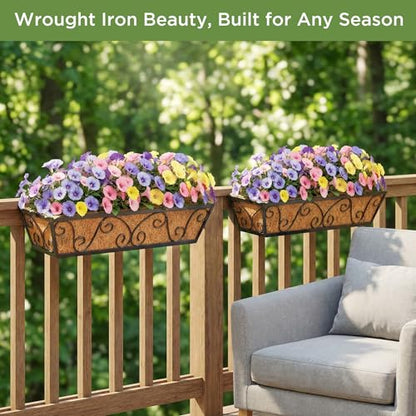 HFHOME 24 Inch Railing Planter Box with Coco Liners for Porch, Fence, Patio, Balcony Hanging Flower Railing Baskets with Adjustable Brackets for Outdoor Garden - 2 Packs - size: 24"-2P Butterfly