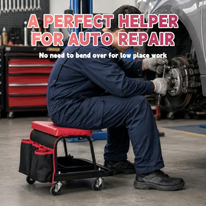 Rolling Mechanic Garage Stool on Wheels with Side Pockets, Red - color: Red