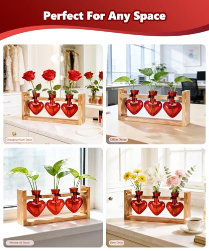 Nacome Plant Terrarium with Wooden Stand, 3 Heart Bulb Glass Vases - color: Red