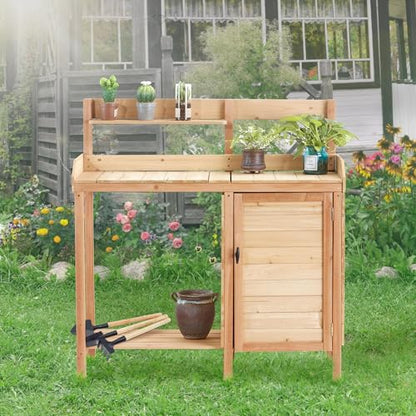 42" Outdoor Potting Bench with Sink, Wooden Potting Table with Sliding Tabletop, Storage Cabinet & Bottom Shelf, Garden Work Bench for Patio Backyard Porch, Natural