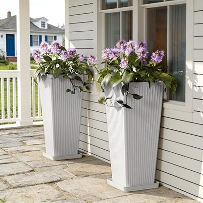 Square Tall Planters for Outdoor Plants with Tray - 24" White 2Pack - color: White-f