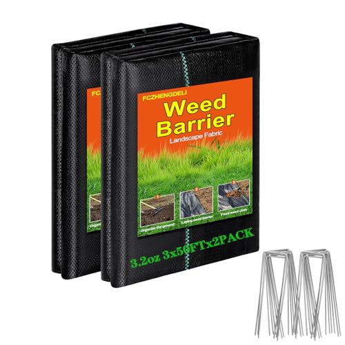 Weed Barrier Fabric 3ft x 50ft (2 Pack), 3.2oz Heavy Duty Landscape Fabric with 20 U-Shaped Stakes, Commercial Grade Weed Control for Garden, Lawn, Flower Bed - size: 3X50X2Pack+20Pegs