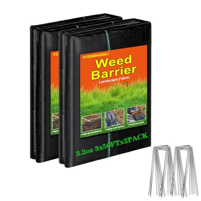 Weed Barrier Fabric 3ft x 50ft (2 Pack), 3.2oz Heavy Duty Landscape Fabric with 20 U-Shaped Stakes, Commercial Grade Weed Control for Garden, Lawn, Flower Bed - size: 3X50X2Pack+20Pegs