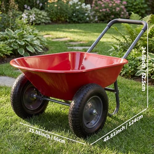 Two Wheel Plastic Tub Wheelbarrow, Heavy Duty Garden Utility Cart for Outdoor Lawn Work, Red - style: Traditional
