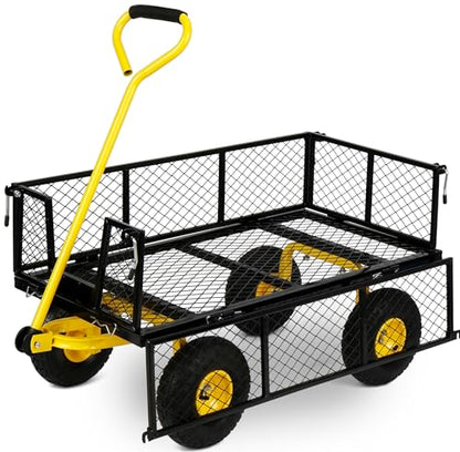Simpli-Magic Heavy Duty 1100 Lbs Capacity Mesh Steel Garden Cart Folding Utility Wagon Yard Cart with Removable Sides and Large Wheels