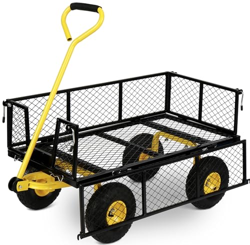 Simpli-Magic Heavy Duty 1100 Lbs Capacity Mesh Steel Garden Cart Folding Utility Wagon Yard Cart with Removable Sides and Large Wheels