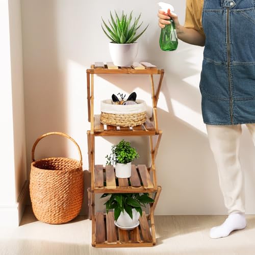BEEFURNI 4-Tier Foldable Acacia Wood Ladder Plant Stand & Corner Rack