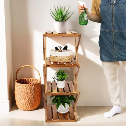BEEFURNI 4-Tier Foldable Acacia Wood Ladder Plant Stand & Corner Rack
