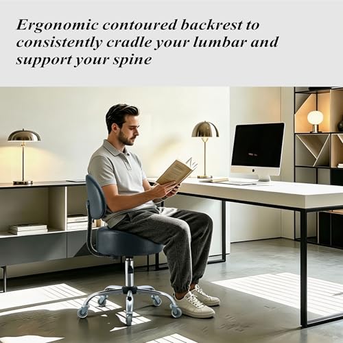 Ergonomic Rolling Drafting Stool with Backrest Lumbar Support - color: Black, style: Stylish