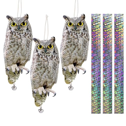 3PCS Fake Owl to Scare Pigeon Away from Patio Flat Paper Garden Owls Scare Devices with Reflective Tape Hanging Plastic Owl to Keep Pigeon Away from Balcony Outdoor Porch Roof Windows - color: Grey 3pcs