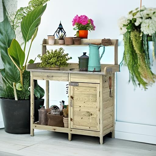 ARNOT Outdoor Potting Bench with Stainless Steel Tabletop, Wooden Garden Workstation with Storage Shelves for Planting, Repotting and Gardening Tools, Natural Fir Wood, 44" x 18" x 49.5"