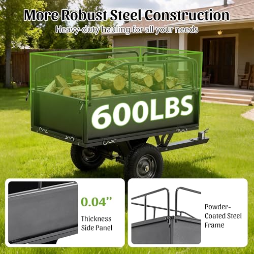 KEIKI 600 lb Garden Dump Cart with Tow Hitch, 17 Cu Ft Heavy Duty Steel Utility Trailer, Dual Dumping Lawn Cart with 16" Tires for ATV UTV Tractor Yard Hauling - color: Black