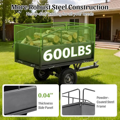 KEIKI 600 lb Garden Dump Cart with Tow Hitch, 17 Cu Ft Heavy Duty Steel Utility Trailer, Dual Dumping Lawn Cart with 16" Tires for ATV UTV Tractor Yard Hauling - color: Black