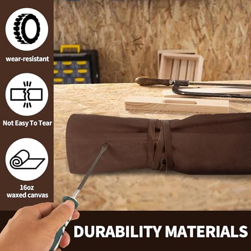 Chisel Roll,Small Tool Roll Pouch,Tool Roll Bag Organizer, Heavy Duty Waxed Canvas Tool Bag, Multi-Purpose Roll-Up Storage Bag for Hand Tools Holder with 6 Pockets Wrench Roll Up Pouch - color: Dark Brown