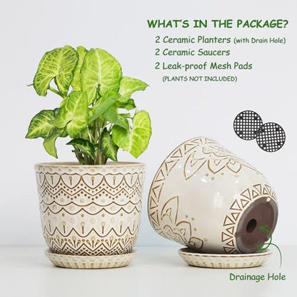 Gepege Ceramic Plant Pots, 6 Inch Indoor Planters with Drainage & Saucers - color: White-c, size: 6 Inch - Set of 2