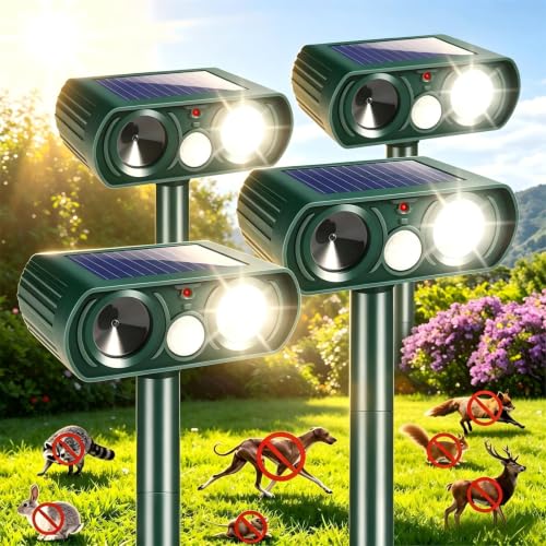 2026 Sonic Fortress Pro Deer Repellent for Plants,4 Pcs Cat Repellent Outdoor Motion Sensor Solar Animal Repellent Ultrasonic Outdoor for Squirrel Rabbit Skunk Racoon Fox Strobe Light,IP65 Waterproof