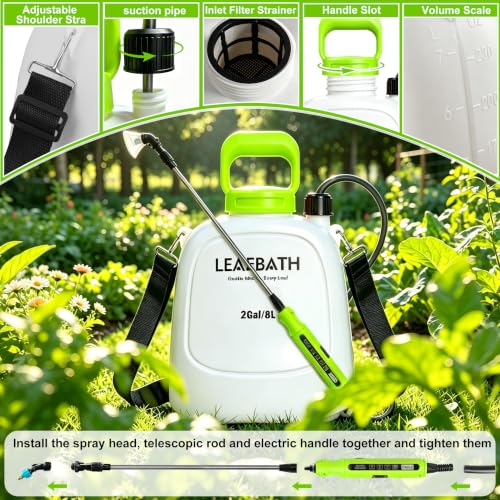 2 Gallon Battery Powered Backpack Sprayer - Rechargeable Electric Garden Sprayer, Comes with an Extra 10FT Hose, 2 Speed Modes, 6 Nozzles, Telescopic Wand, Backpack & Shoulder Sprayer for Lawn Yard - color: Green-White