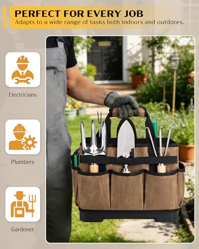 Marscamd Waxed Canvas Tool Bag with Hard Bottom and 8 Pockets - color: Khaki