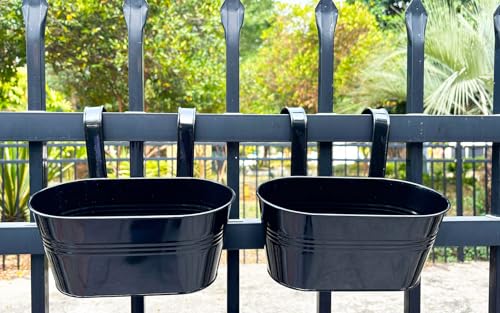 10" Metal Hanging Planter for Railing with Detachable Hooks, Black, 2 Pcs - color: Black