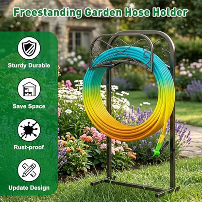 Gtongoko Garden Hose Holder for Outside 43" Heavy Duty Freestanding Water Hose Holder with 4 Stable Spikes Metal Hose Stand Holds Up to 150FT Hose & 44LB Detachable Hose Storage for Yard Lawn Patio - size: 43 Inch