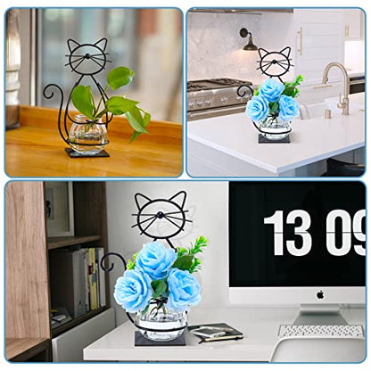Desktop Cat Planter Propagation Station, Glass Vase Metal Stand - color: Cat