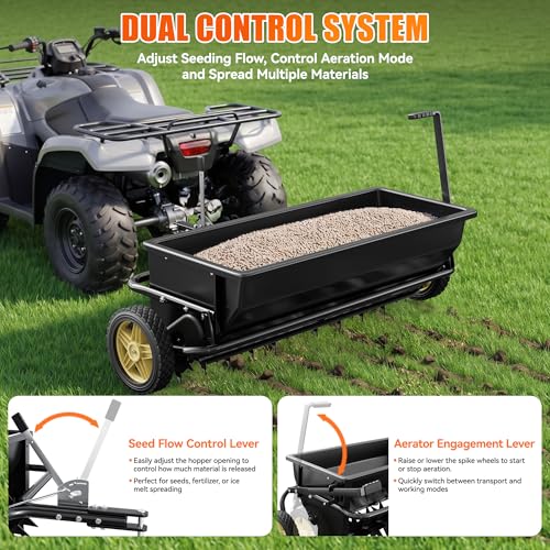 PPOLB 32 Inch Lawn Spreader with Aerator Spikes Tow Behind, 2-in-1 Broadcast Spreader & Lawn Aerator for ATV UTV Tractor, Heavy Duty Steel Hopper, Adjustable Flow Control, Lawn Care Seeder Fertilizer
