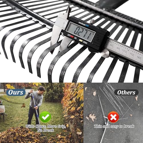 Garden Leaf Rake, 18 in Wide Head, 25 Steel Tines, Adjustable to 74 in - color: silver, size: 25tine