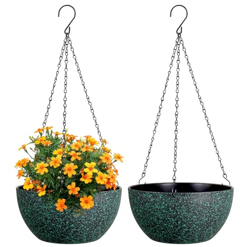 Meowell 8 inch Small Hanging Planters for Indoor Outdoor Plants, 2 Pack Hanging Flower Pots with Drainage Holes and Chain, Plastic Hanging Baskets for House Plants, Black with Green Speckles - color: Black With Green Speckles, size: 8inch 2pcs