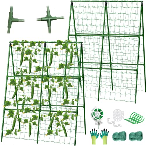 2 Packs Cucumber Trellis for Raised Beds, 31 X 47 Inch Adjustable Size A-Frame Garden Trellis for Climbing Plant Outdoors with Climbing Net and Plant Support Clip for Vegetable Grape Garden Supplies - size: 2pack 31 x 47 Inch