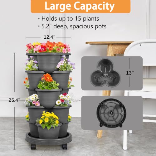 VECELO 5 Tier Vertical Garden Planter, Self Watering Stackable Planters with Wheels for Strawberries, Herbs, Flowers, Vegetables, Dark Gray - color: Dark Gray, size: 5 Tier