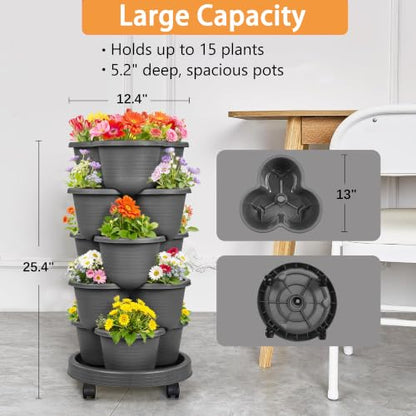 VECELO 5 Tier Vertical Garden Planter, Self Watering Stackable Planters with Wheels for Strawberries, Herbs, Flowers, Vegetables, Dark Gray - color: Dark Gray, size: 5 Tier