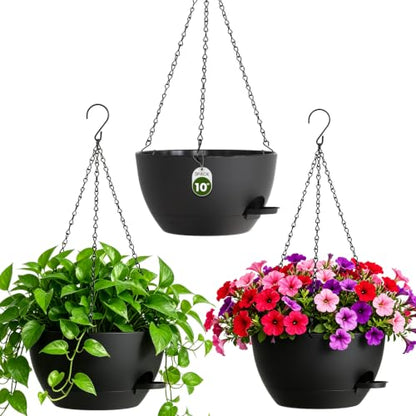 10 Inch Self-Watering Hanging Planters Set of 3 with Saucers - color: Black, size: 10 Inch 3 Pack