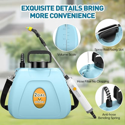 Battery Powered Sprayer, 2 Gallon Electric Sprayer Battery Operated with 4 Mist Nozzles, 2 Speeds, Battery Indicator, 41" Telescopic Wand, Rechargeable Handle, Weed Sprayer for Lawn Garden Yard
