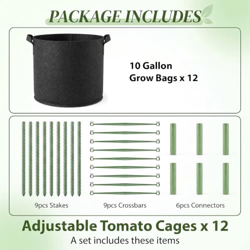 Sawysine 12 Sets 47 in Tomato Cage with 10 Gallon Grow Bag for Garden