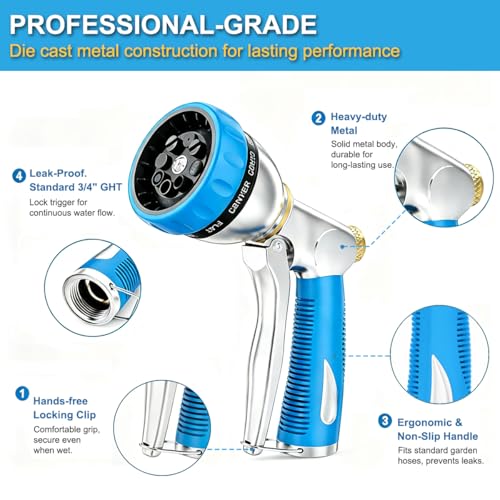 FANHAO Metal Garden Hose Nozzle Heavy Duty, 8 Spray Patterns, High Pressure - color: Blue