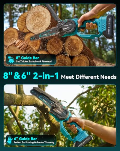 Mini Chainsaw Cordless, 8 Inch & 6 Inch Electric Chainsaw Battery Powered, 1000W Brushless Handheld Power Chain Saw with 2 Batteries, Small Tree Saw for Branch Trimming Wood Cutting - color: Blue
