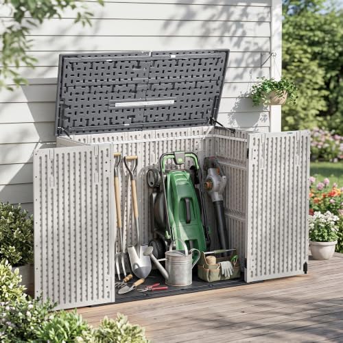 Macrout 32 Cu.Ft Small Plastic Outdoor Storage Cabinet with Floor, 4.5 x 2 ft Waterproof Resin Outdoor Storage Shed, Lockable Horizontal Shed for Garden and Patio SU2233 - size: Small