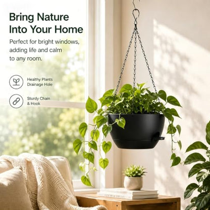 2 Pack 12 Inch Self‑Watering Hanging Planters Plant Pots, Black - color: Black
