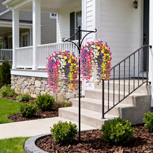 Artificial Flowers with Hanging Basket, Outdoor Faux Plants UV Resistant - color: Mix Color