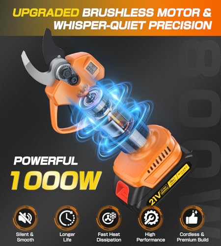 Electric Pruning Shears, Cordless Pruning Shears 1000W Brushless Power Shears 1.4'' Diameter Electric Pruner with LCD Display 2 * 2Ah Battery Pruning Shear Gift for Men Dad Husband Fathers Gardener
