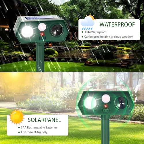 2026 Upgraded Solar Ultrasonic Animal Repellent Deer Repellent Devices with Motion Sensor & Flashing Light Cat Repellent Outdoor to Keep Squirrel Raccoon Rabbit Away from Yard Garden 2 Pack