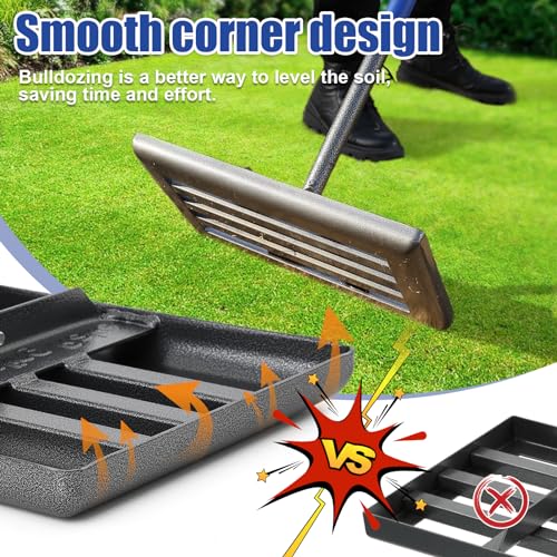 FLY HAWK Lawn Leveling Rake | Levelawn Tool | Level Soil or Dirt Ground Surfaces Easily | 18” x 10” Ground Plate | rakes for lawns Heavy Duty 60” Extra Long Handle | Extracted Iron Metal Black