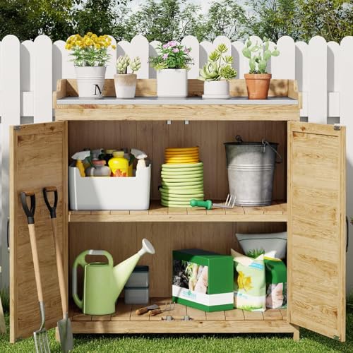 Gizoon Outdoor Potting Bench with Metal Tabletop, Wooden Cabinet, Natural
