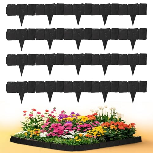 20Pcs Plastic Fence Panels, Black Stone-Look Garden Fencing - color: Black