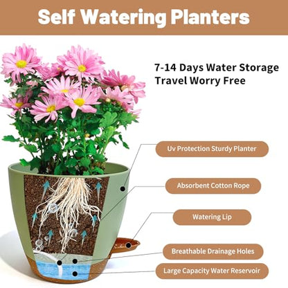 LIFFY Plant Pots, 8,7.5,7,6.5,6,5.5,5 Inch Plastic Self Watering Planters with Drainage Holes & Saucers, 7-Pack Green Nursery Planting Pot with Deep Reservoir for Indoor Outdoor Plants