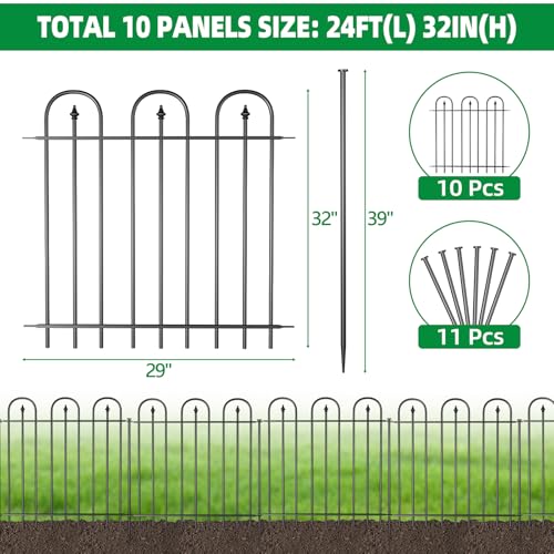 Garden Fence Animal Barrier - 10 Panels, 32 in(H) x 24 ft(L) No Dig Garden Fence, Arched Decorative Garden Fence Border with Ground Stakes, Rustproof Metal Fencing for Yard Patio Dog Rabbit - size: 10 Panels-24 ft(L) X 32 in(H)